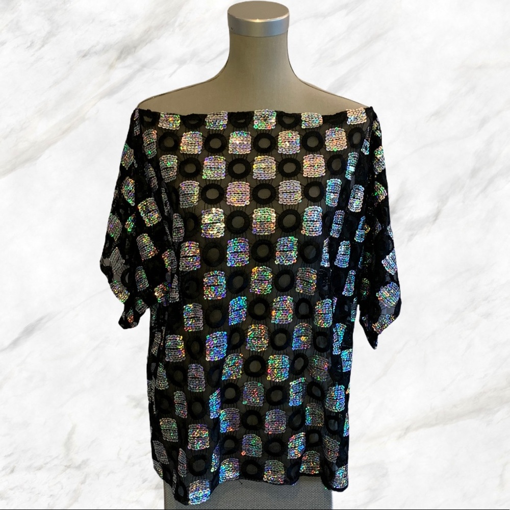 Vintage | Multicolour Silver Sequins and Black Checkered Blouse